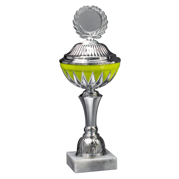 Pokal Geena, silber/neongelb, 8 Größen, mit Logo oder Sportmotiv, 26-38 cm
