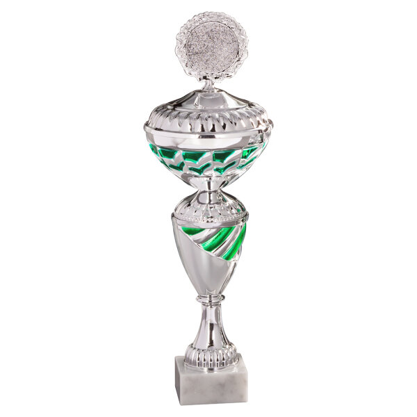 Pokal Petra, silber/grün, 6 Größen, mit Logo oder Sportmotiv, 28-37 cm