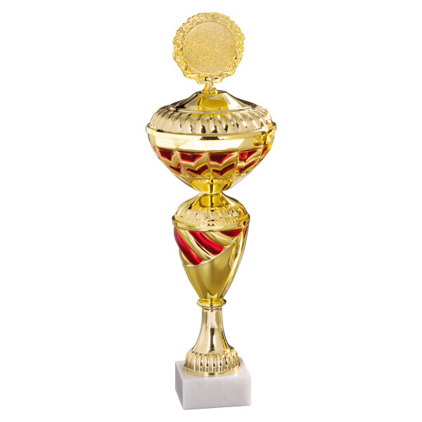 Pokal Brigitta, gold/rot, 6 Größen, mit Logo oder Sportmotiv, 28-37 cm