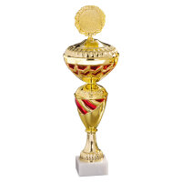 Pokal Brigitta, gold/rot, mit Logo oder Sportmotiv