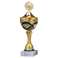 Pokal Varia, gold/blau, mit Logo oder Sportmotiv