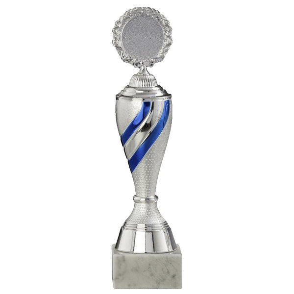 Pokal Duran, silber/blau, 6 Größen, mit Logo oder Sportmotiv, 23-31 cm