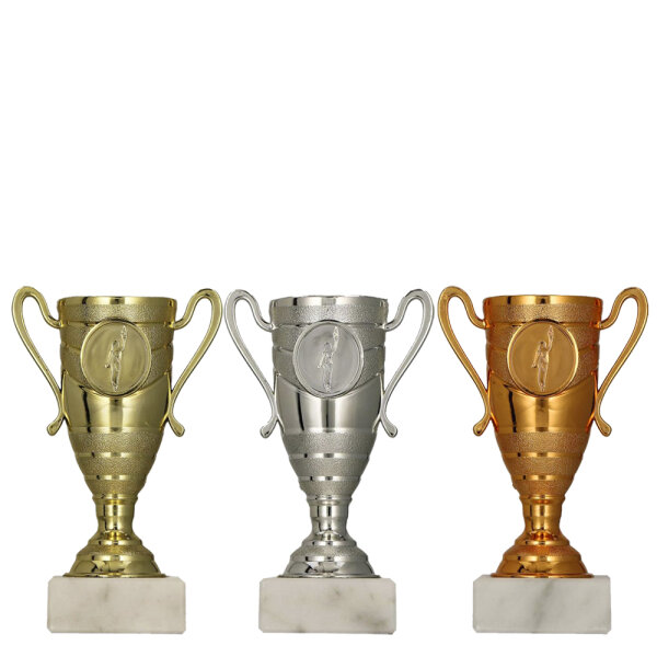 Pokal Mira, gold/silber/bronze, 13 cm, mit Logo oder Sportmotiv