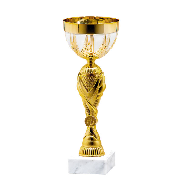 Pokal Denise, gold/weiß, 4 Größen, mit Logo oder Sportmotiv, 26-38 cm